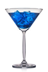 Blue cocktail in martini glass isolated on white background.