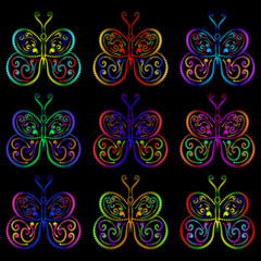 Butterflies of the springs and zigzags. Bright pattern of butterflies of different colors on a black background.
