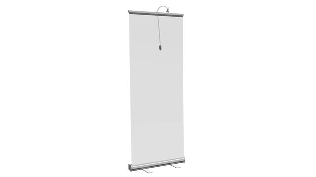 Blank Roll Up Banner Stand with angle. Trade show booth white and blank. 3d motion graphic on white background. Available in 4K FullHD and HD video render footage. Alpha matte channel included.