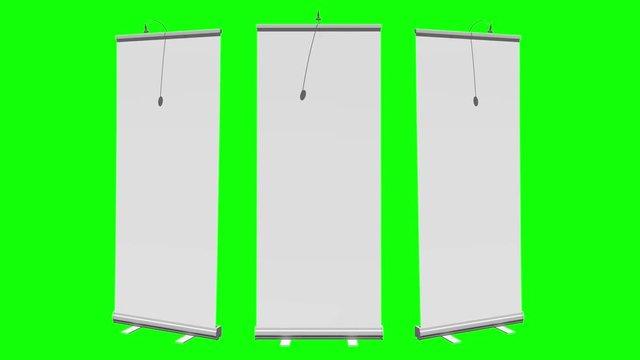 Blank Roll Up Banner Stand Expanded. Trade show booth white and blank. 3d motion graphic on green screen chroma key background. Available in 4K FullHD and HD video render footage.