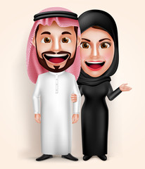 Muslim arab young man and woman couple vector characters wearing traditional saudi dress happy holding hands while walking. Vector illustration.