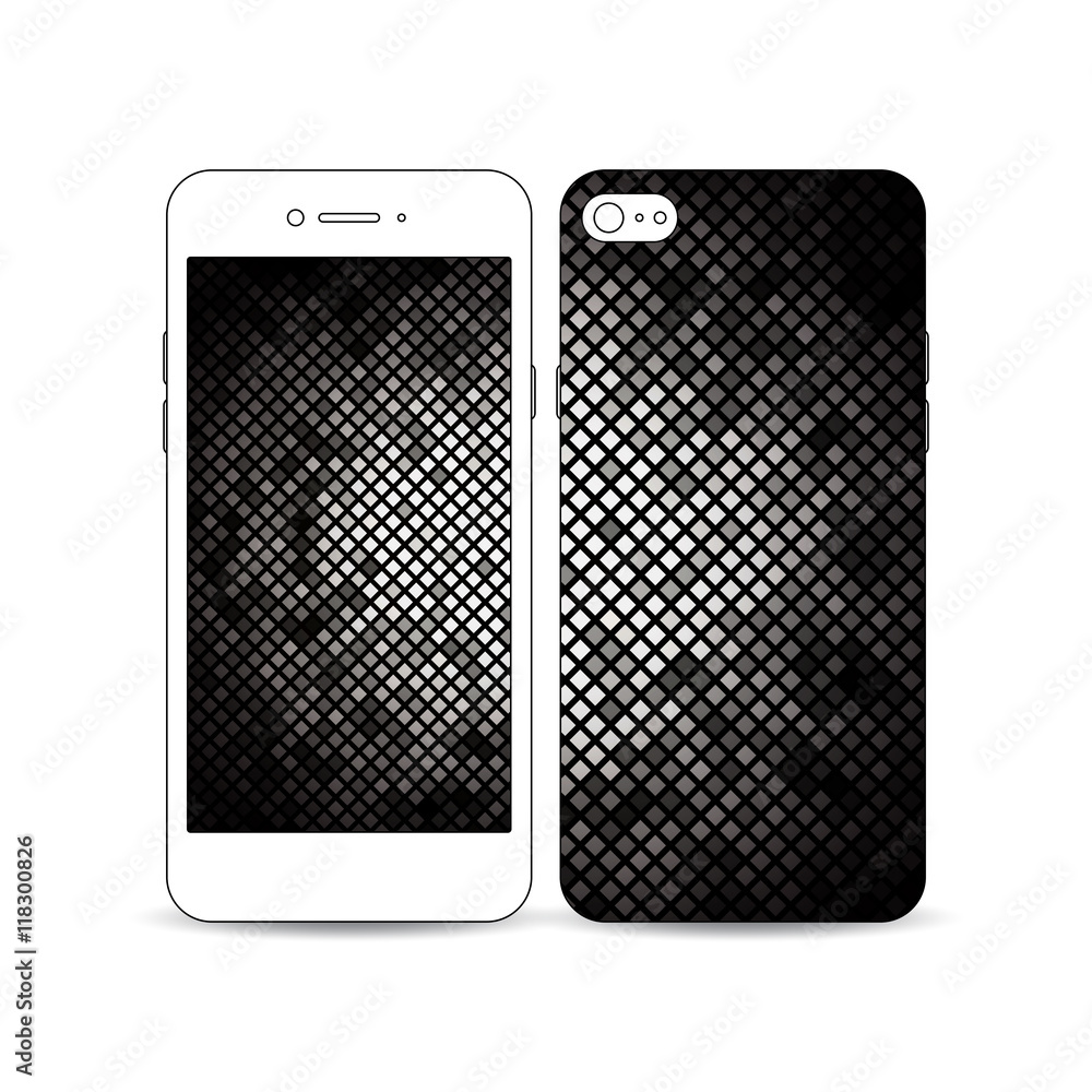 Poster mobile smartphone with an example of the screen and cover design isolated on white. abstract polygon