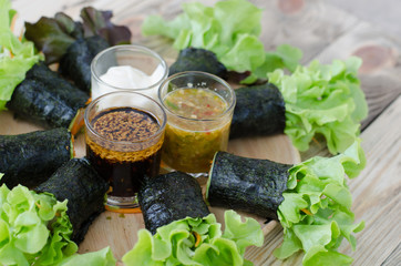seaweed with tuna and imitation crab stick salad rolls