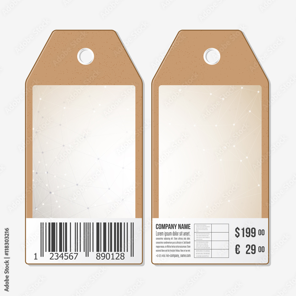 Poster tags design on both sides, cardboard sale labels. abstract polygonal low poly backdrop with connecti