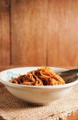 Countryside noodle in a old bowl in still life tone