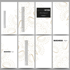 Set of modern flyers. Abstract polygonal low poly backdrop with connecting dots and lines, golden connection structure on white background. Digital or science vector