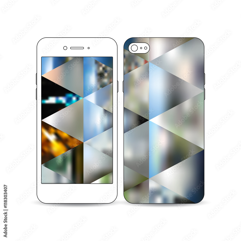 Poster mobile smartphone with an example of the screen and cover design isolated on white. abstract colorfu