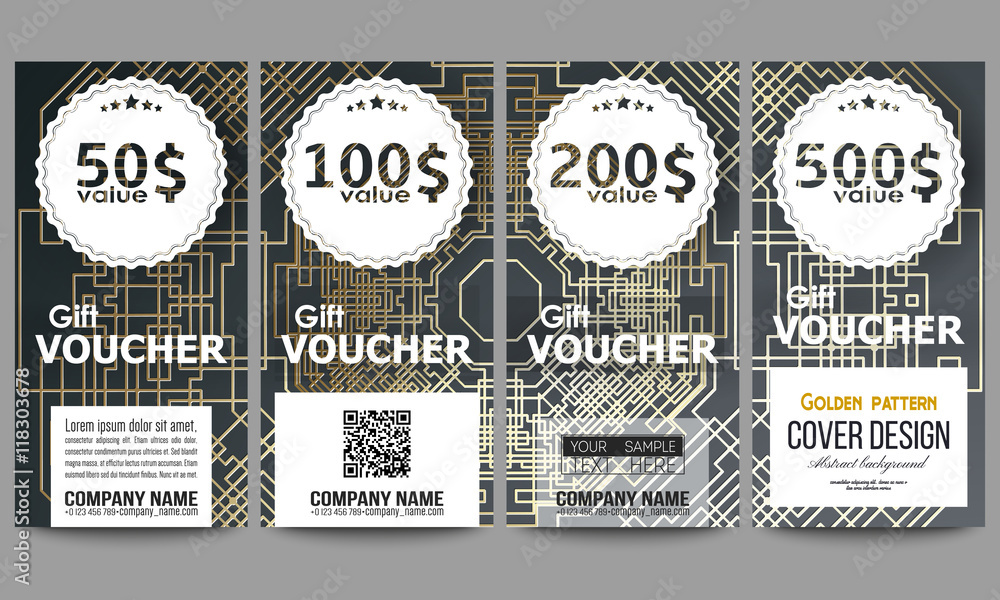 Poster set of modern gift voucher templates. golden technology pattern on dark background with connecting l