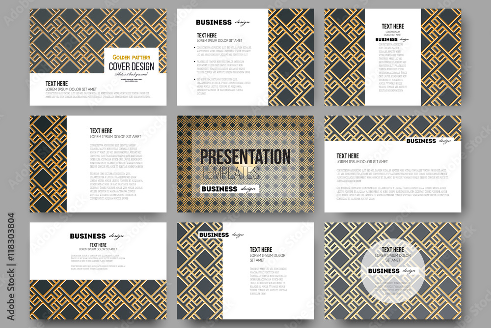 Poster set of 9 templates for presentation slides. islamic gold pattern with overlapping geometric square s