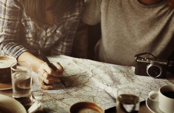 Friends Finding Location Map Travel Concept