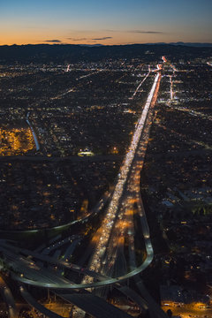 Aerial view of highway in Los Angeles cityscape, California, United States