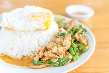 rice topped with stir-fried chicken and basil