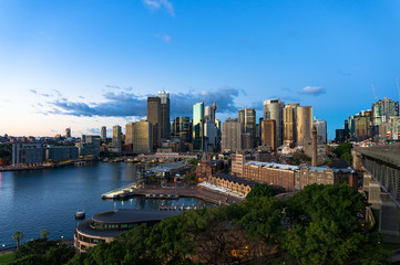 Naklejka premium Central Business District skyscrapers on sunrise. Urban landscape view from above. Circular Quay, Sydney, Australia