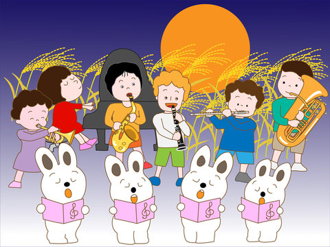 満月の夜の子供とウサギのコンサート