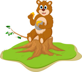Obraz na płótnie Canvas Cute cartoon bear holding honey pot on tree stump