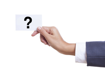 Businessman hand showing someone his business card with Question mark 