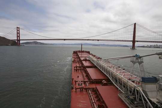 Golden Gate Bridge and freight ship