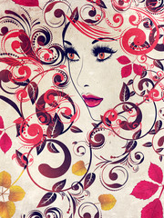 Fototapeta premium Autumn Girl with Floral Grunge