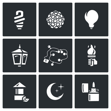 Vector Set of Lighting Icons. Powersave lamp, Lumiere, Incandescent, Street light, Garland, Torch, Architectural, Moonlight, Lighter. 
