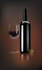 Vector red wine bottle with glass and wine cork on dark background