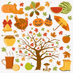 Obraz na płótnie Canvas Autumn icon set. Halloween and Thanksgiving day. Flat design