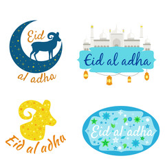 Naklejka premium vector holiday illustration Eid Al Adha label. lettering composition of muslim holy month with mosque building, sparkles and glitters