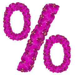 Flower percent sign. Floral element of colorful alphabet made from orchid flowers