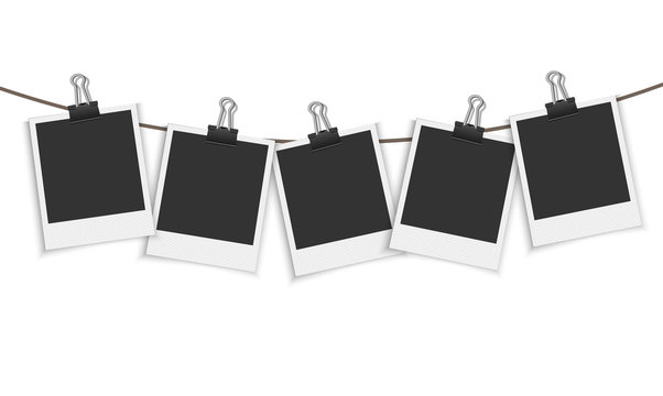 Blank photo frame hanging on a line with paper clip Vector
