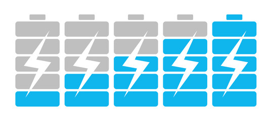 From low to high batteries. Batteries with bolt or lightening. Concept of charging, battery accumulator. Device indicator of battery source.