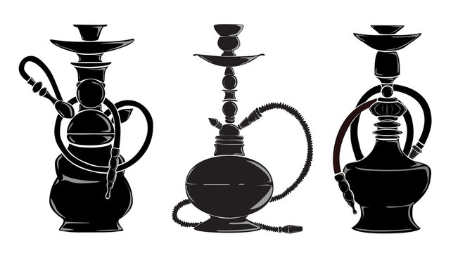 Three hookas silhouettes. Isolated black hookas on white background. Decoration for bar.