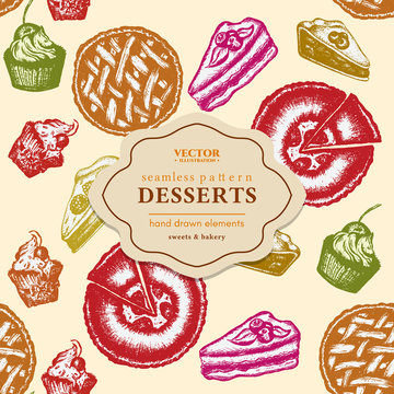 Desserts seamless pattern ink hand drawn sketch vector