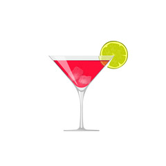 Cocktail icon vector isolated, flat glass of cold fresh beverage with lime and ice pieces