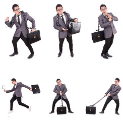 Businessman chained isolated on white