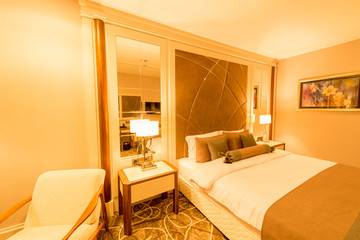 Modern hotel room with big bed