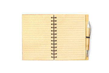 Closeup surface brown note book with line in page with brown pen isolated on white background