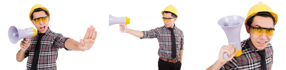 Young construction worker with loudspeaker isolated on white