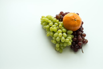 Oranges and grapes on white background