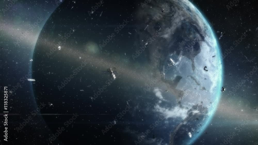 Wall mural ring of debris around earth. artistic visualization of orbiting space garbage problem. two fragments
