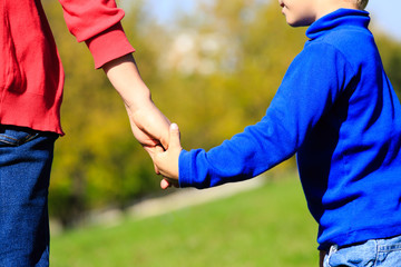 Mother holding hand of her son in autumn nature