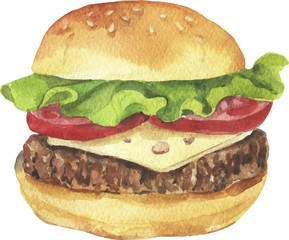 Burger with meat, cheese, tomato and salad. Hand drawn watercolor vector illustration.