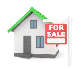 Miniature model of house real estate for sale on white background. 3D rendering.