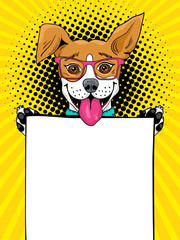 Wow pop art dog. Funny surprised dog in glasses with open mouth holding an empty board in his paws. Vector illustration in retro comic style. Vector pop art background.