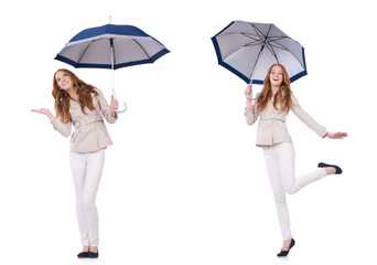 Young woman with umbrella on white