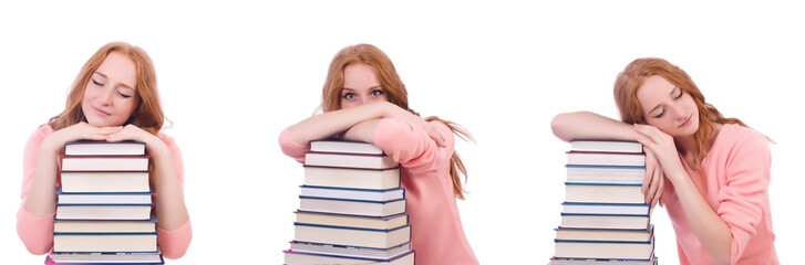 Woman student with stacks of books