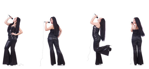 Fototapeta na wymiar Woman singing in karaoke club in various poses on white