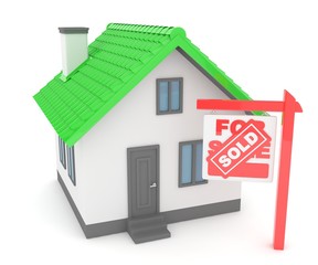 Isolated model of house with sign for sale sold. Concept of real estate, new apartment and moving to a new house. 3D rendering.