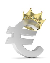 Isolated silver euro sign with crown on white background. European currency. Concept of investment, european market, savings. Power, luxury and wealth. Crown with gems. 3D rendering.