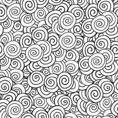 Doodle seamless pattern with black and white spiral. Black and white circle. Hand drawn doodle background. Vector doodle. Design for web, wrapping, wallpaper, flyer, textile