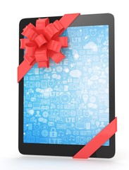 Black tablet with red bow and blue screen. 3D rendering.