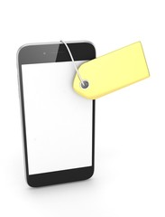 Smart phone with golden price tag on white background. Identification, price, label. Luxury and expensive offer. 3D rendering.